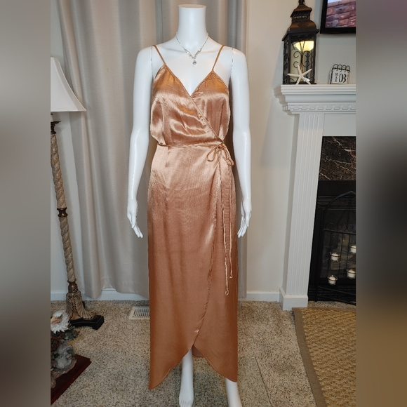 Wayf Dresses & Skirts - Wayf Teagan Satin Maxi Rose Gold Wrap Dress, Rose Gold L